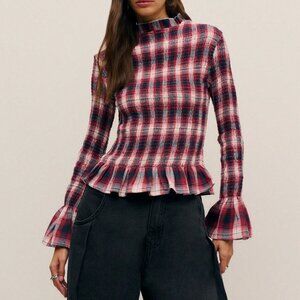 Red Casual Women's Plaid Corset Top with Mock Neckline and Ruffle Trim
